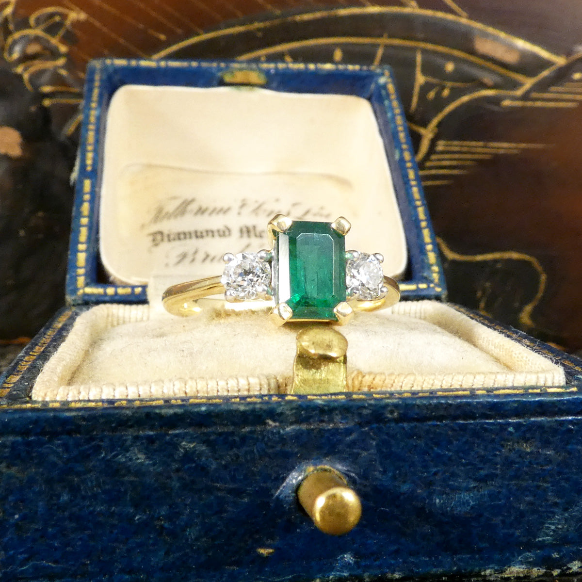 Edwardian style classic Emerald Cut Emerald and Old Cut Diamond three stone ring in 18ct Yellow and White Gold.