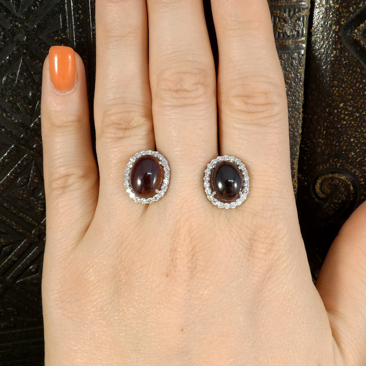 Cabochon Garnet and Diamond Halo Stud Earrings in 18ct White Gold