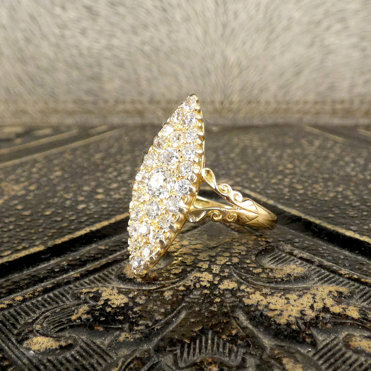 C1900 Antique Diamond Navette Marquise Cluster Ring in 18ct Yellow Gold