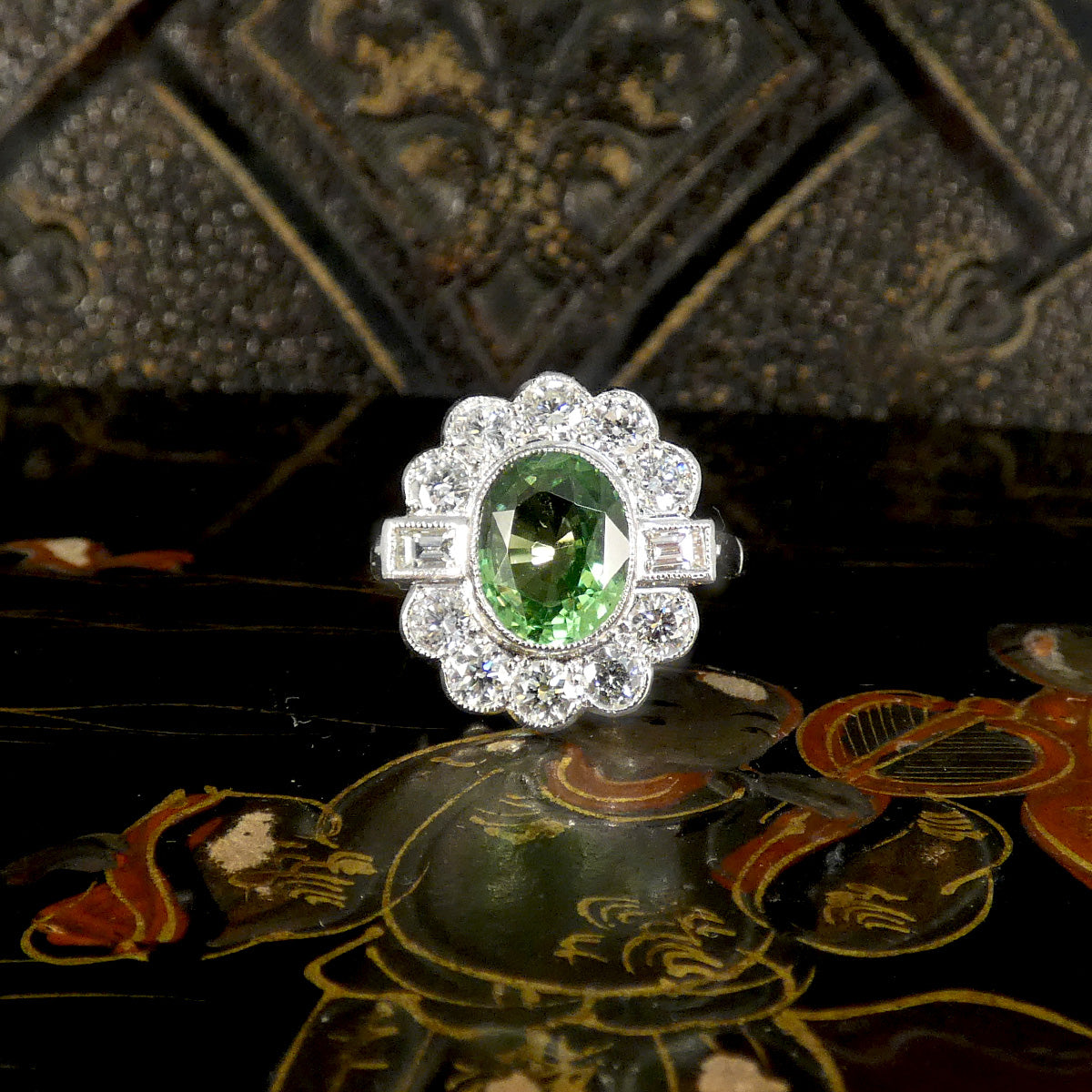 Edwardian Style 2.51ct Green Garnet and 1.20ct Diamond Cluster Ring in Platinum