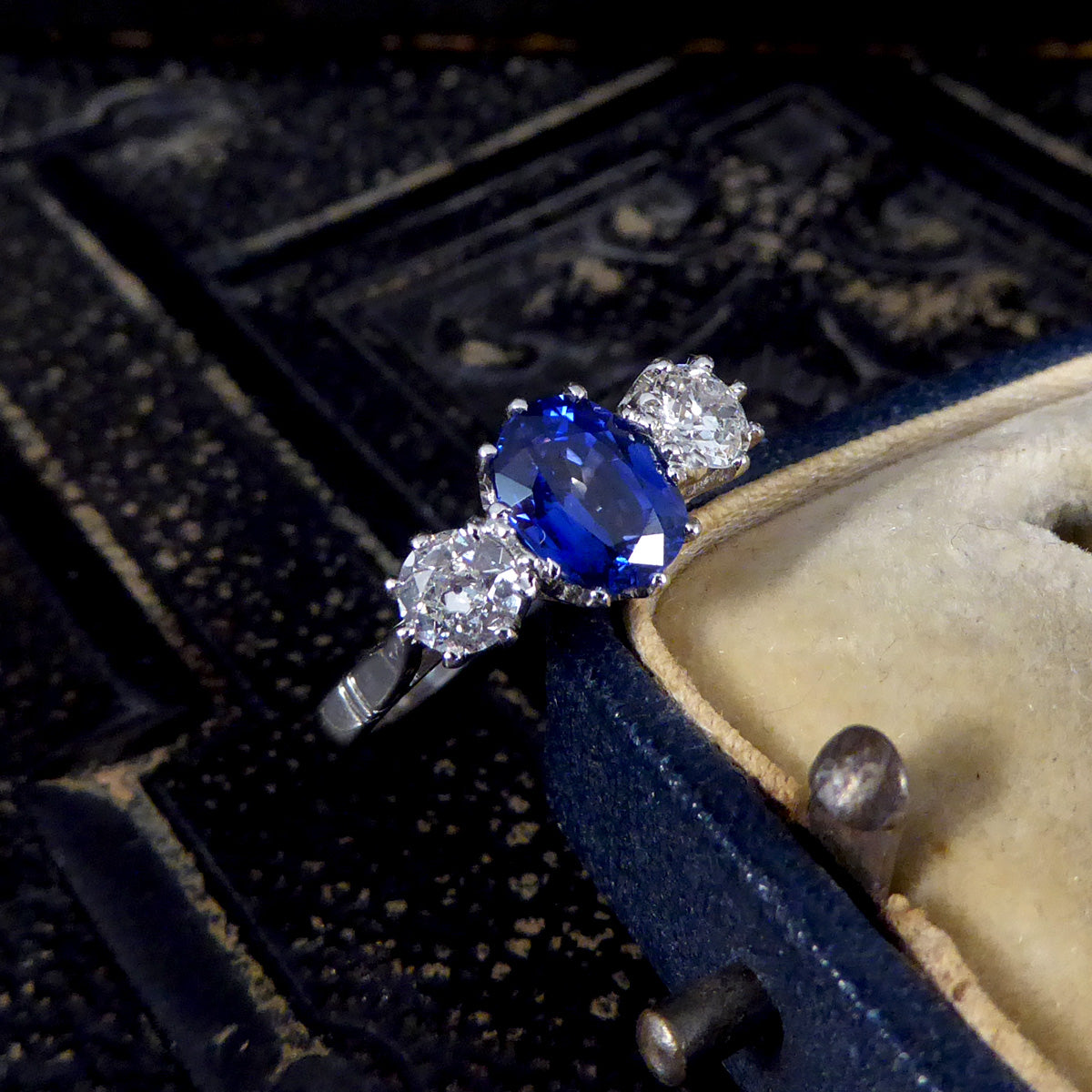1.50ct Sapphire and 0.55ct Diamond Three Stone Ring in Platinum