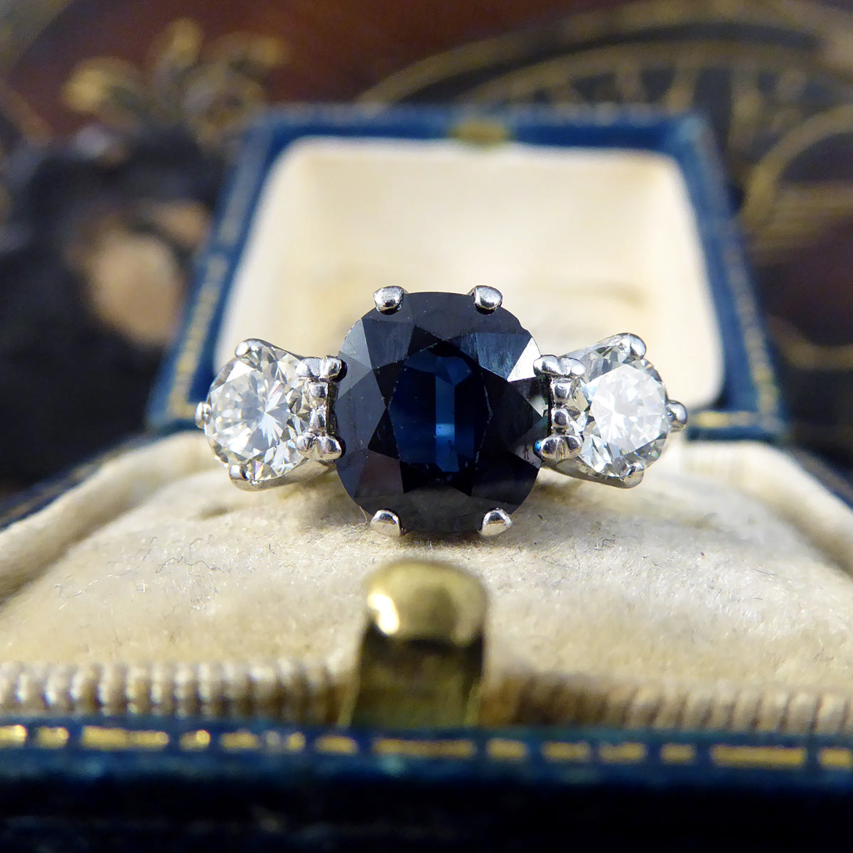 C1920s Deep Sapphire and Diamond Trilogy Ring in 18ct White Gold and Platinum