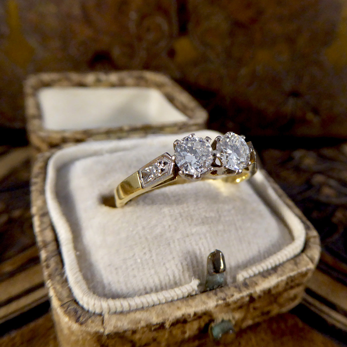 Vintage and Unusual Old Cut Diamond Two Stone Ring in 18ct Gold