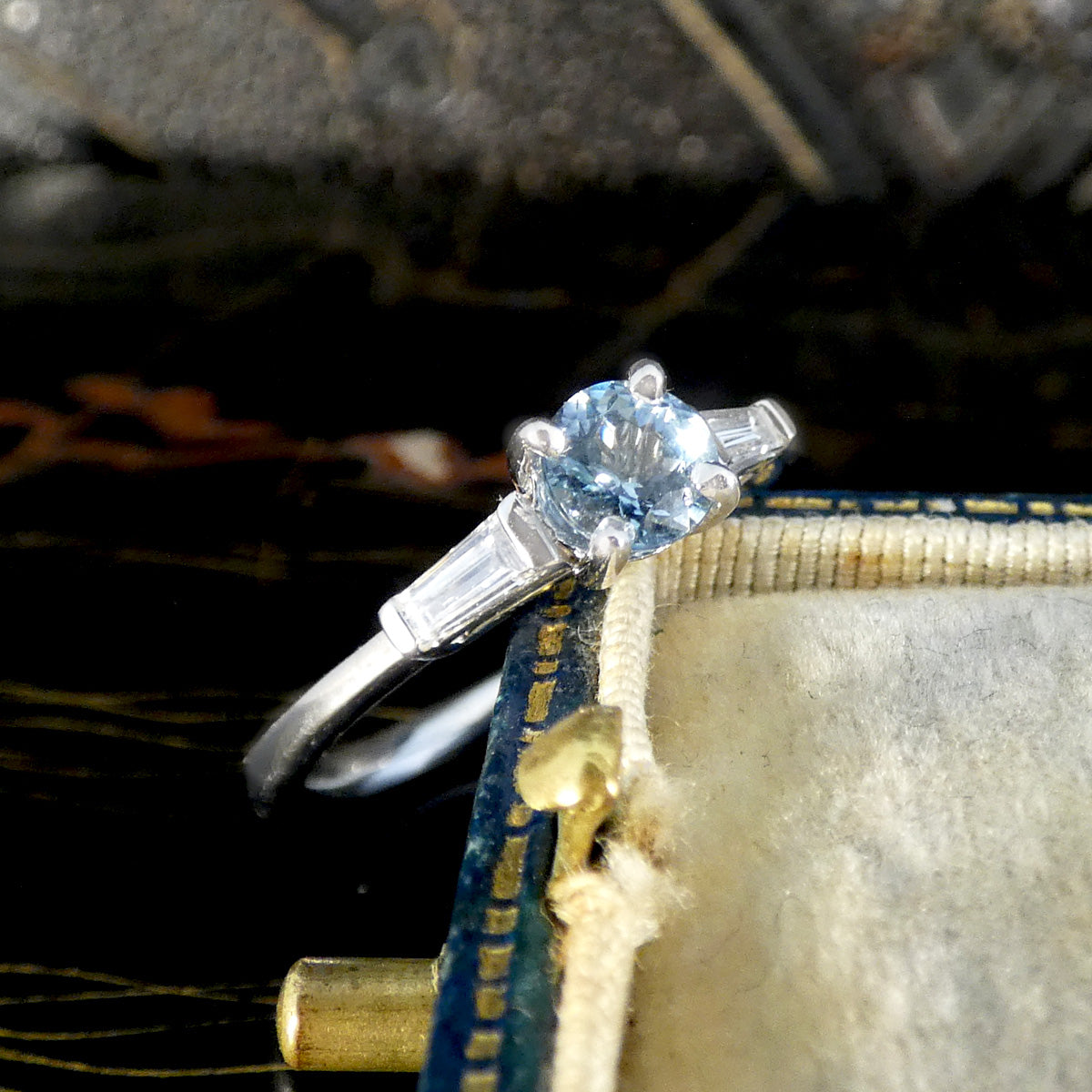 Aquamarine Solitaire with Tapered Baguette Diamond Shoulders in 18ct White Gold