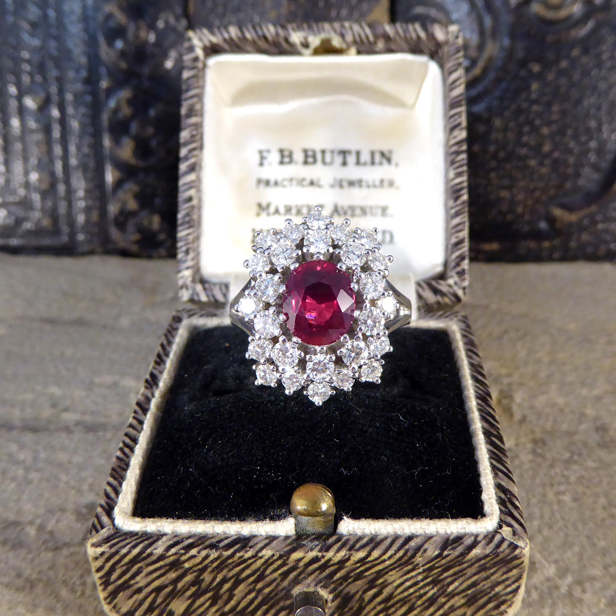Contemporary 1.80ct No Heat Ruby and 1.28ct Diamond Double Cluster Ring in 18ct White Gold