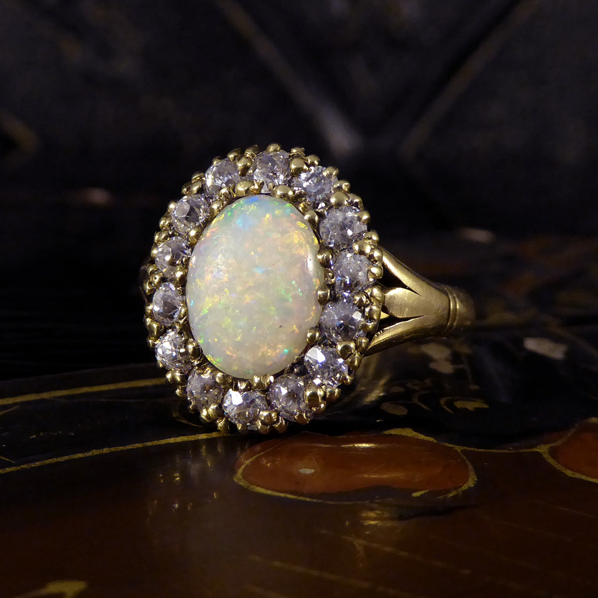 Late Victorian Opal and Diamond Cluster in 18ct Yellow Gold