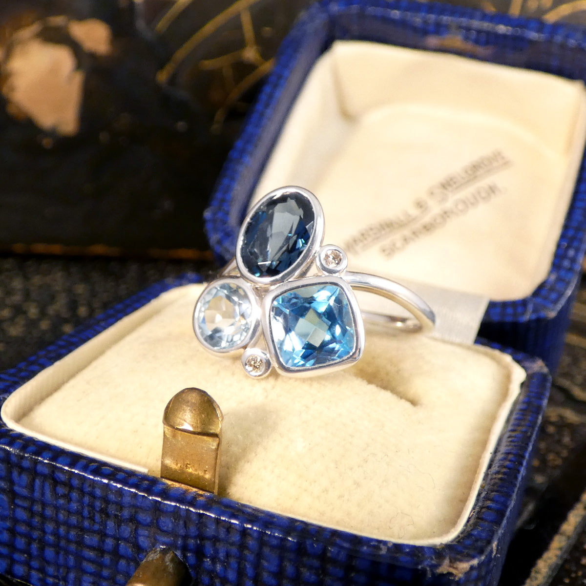 Trio of Blue Topaz and Diamond Cocktail Ring in White Gold