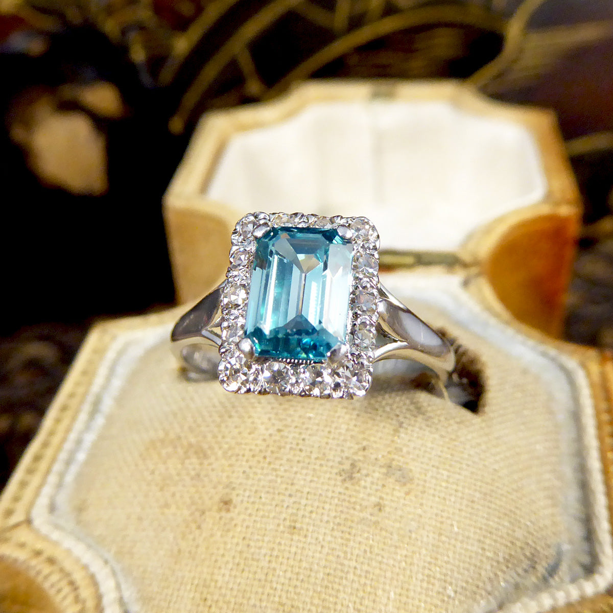 Blue Zircon and Diamond Cluster ring in 18ct White Gold and Platinum
