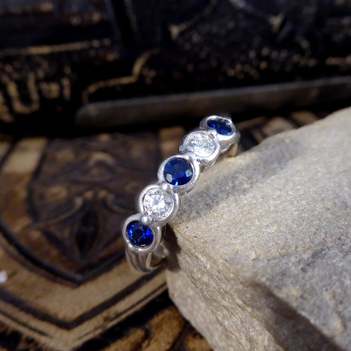 Sapphire and Diamond Bezel set Ring in 18ct White Gold