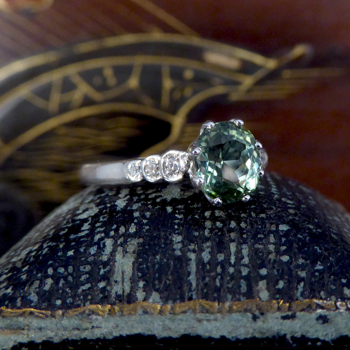 Enchanting Green Tourmaline Ring with Diamond Shoulders in 18ct White Gold