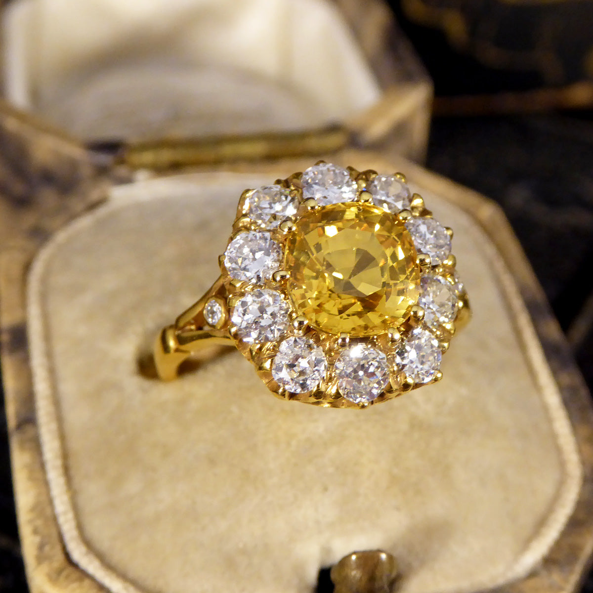 Antique Inspired 2.60ct Yellow Sapphire and Old Cut Diamond Cluster Ring in 18ct Yellow Gold