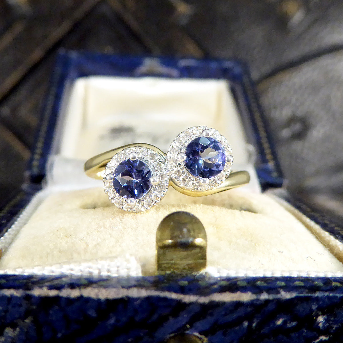 Edwardian Style Tanzanite and Diamond Cluster Toi Et Moi Twist Ring in Yellow and White Gold