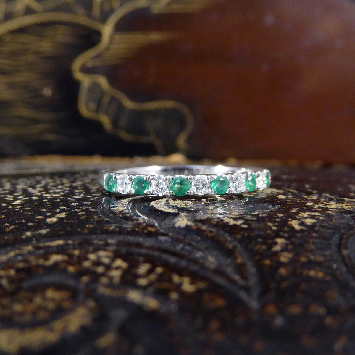 Emerald and Diamond Half Eternity Ring in White Gold