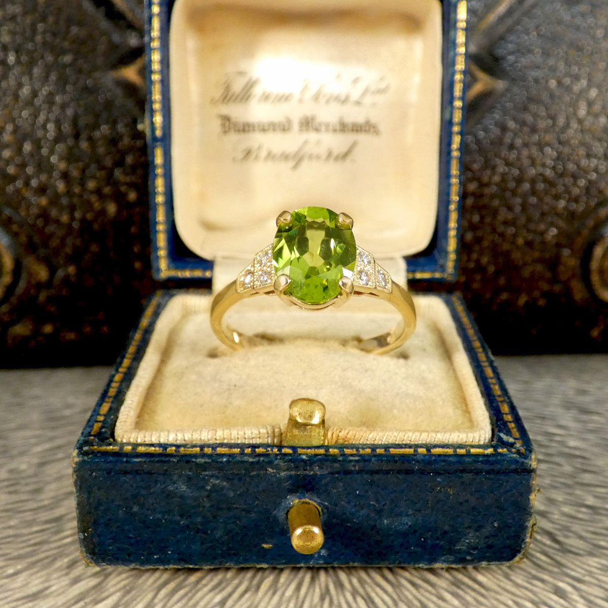 Art Deco Inspired Peridot and Diamond Ring in Yellow Gold