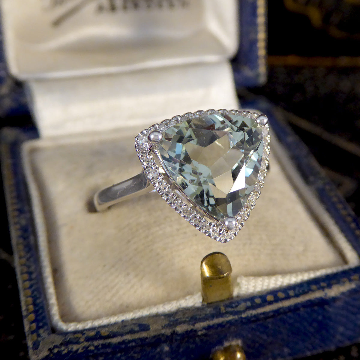 Majestic Trillion Cut Green Amethyst and Diamond Halo Dress Ring in White Gold