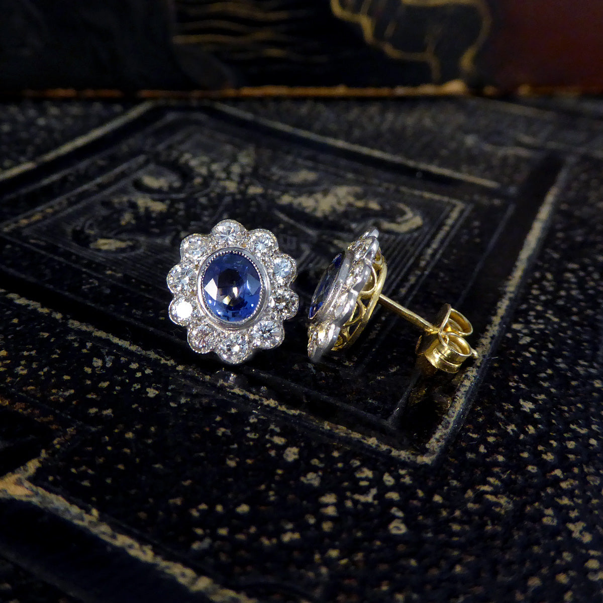 Edwardian Inspired Sapphire and Diamond Cluster Earrings in 18ct Gold
