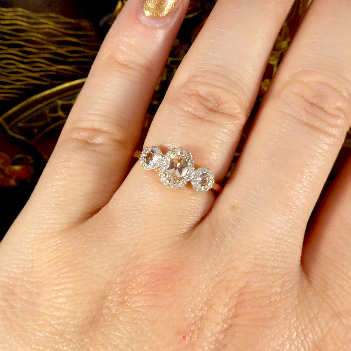 Morganite and Diamond Triple Cluster Ring in Rose Gold