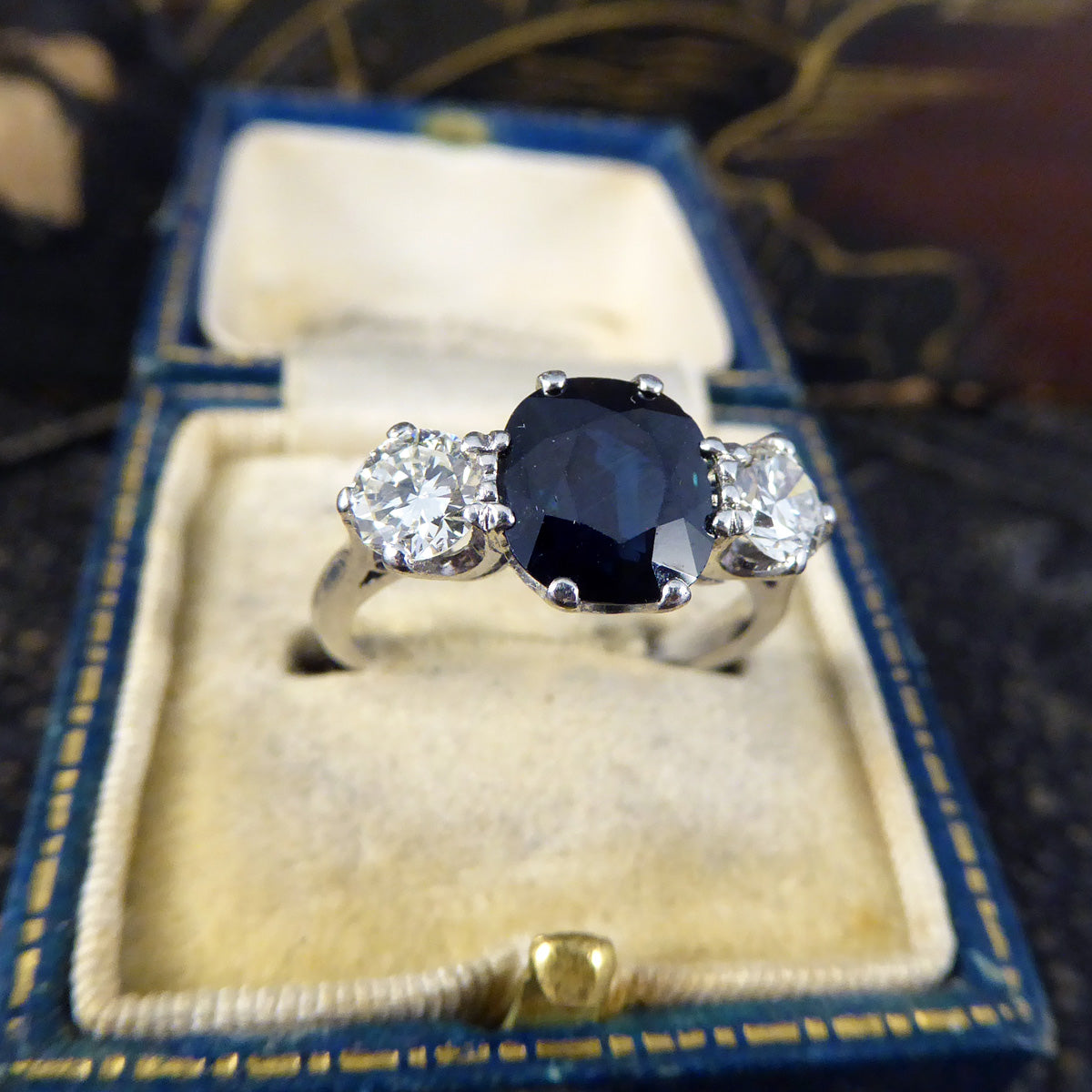 C1920s Deep Sapphire and Diamond Trilogy Ring in 18ct White Gold and Platinum