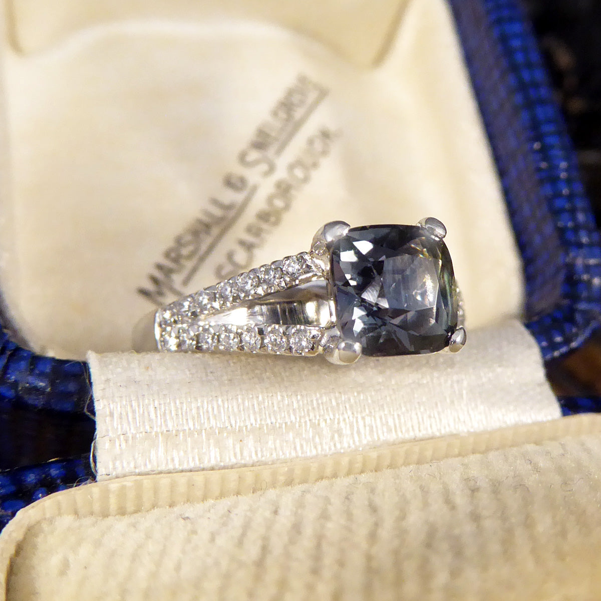 Teal Sapphire and Diamond set Split Shoulders in Platinum