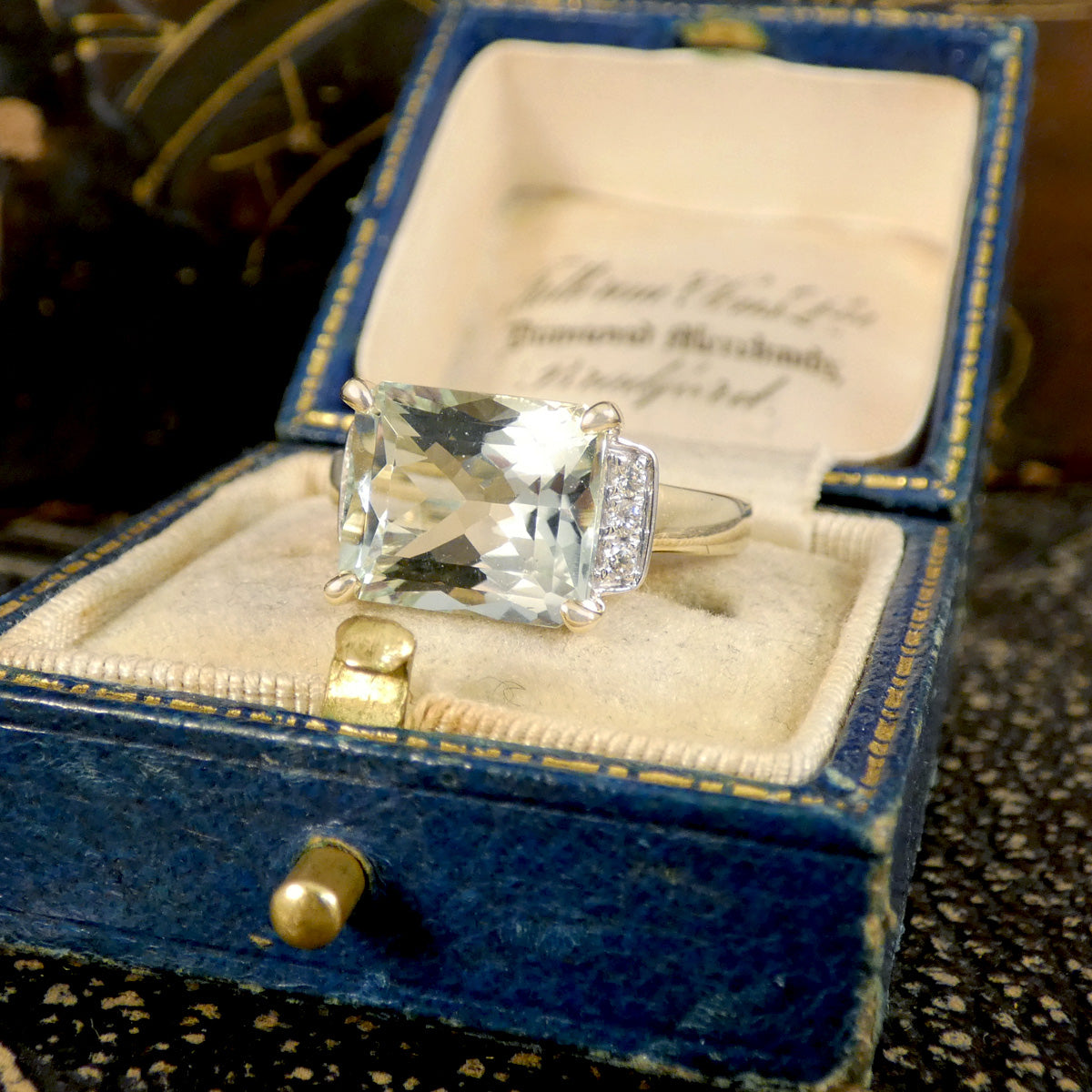 Cushion Cut Green Amethyst Cocktail ring set east-west with Diamond Shoulders in Yellow Gold, displayed in vintage box.