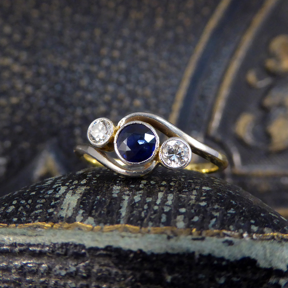 Edwardian Sapphire & Diamond Three Stone Crossover Ring in 18ct Gold and Platinum