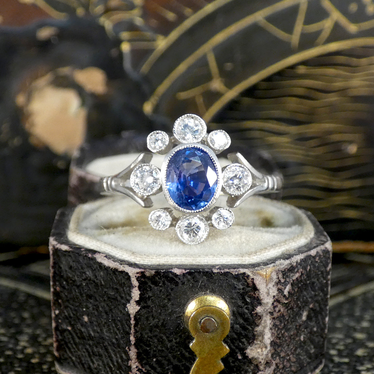 Art Deco Inspired Sapphire and Diamond Cluster Dress Ring in Platinum