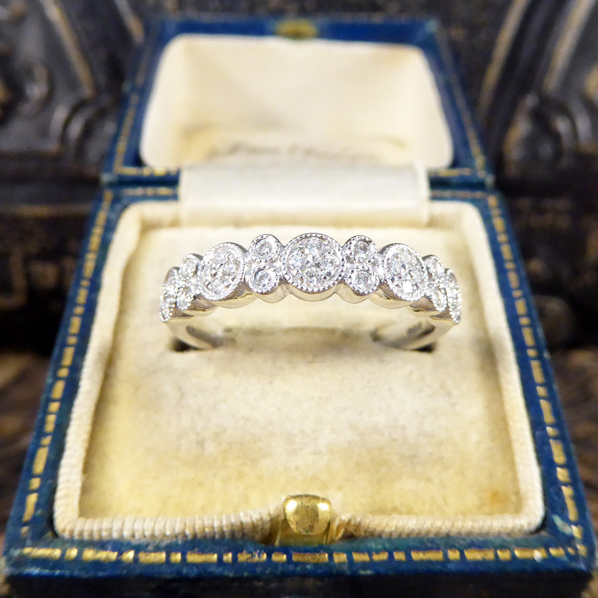Diamond set Flat Cluster Half Eternity Ring in 18ct White Gold