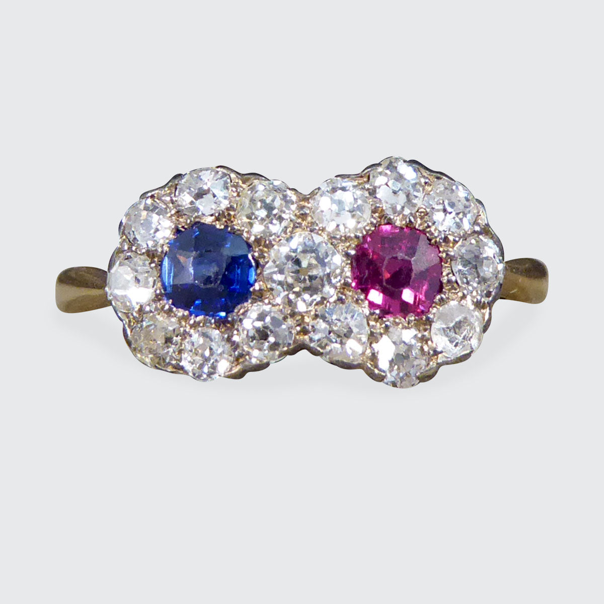 Edwardian Double Sapphire and Ruby Diamond Daisy Cluster Ring in 18ct Yellow Gold