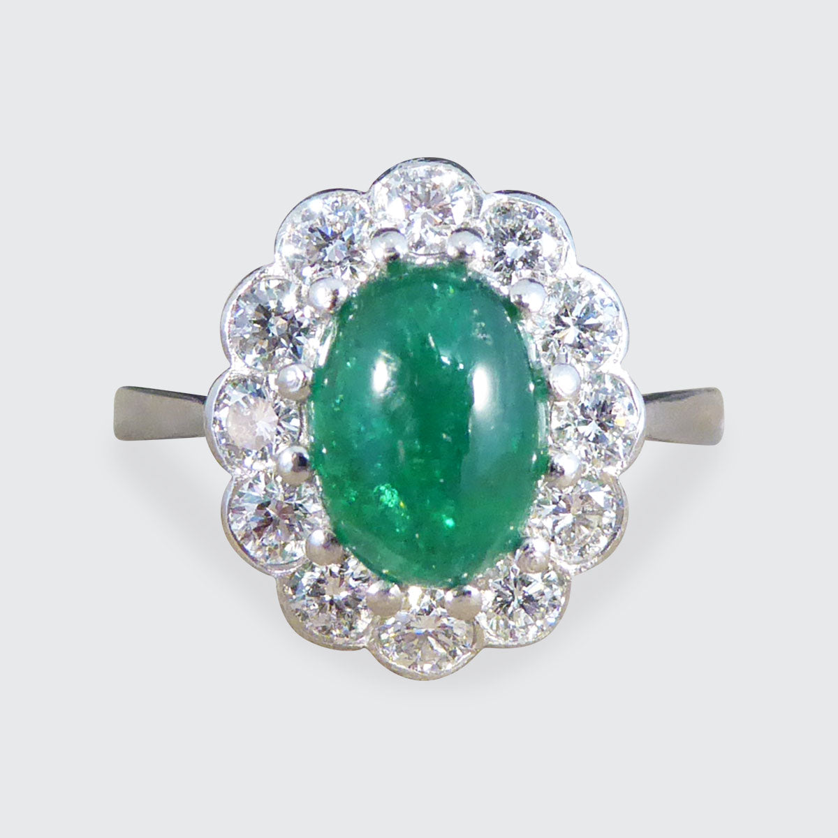 1.27ct Cabochon Emerald and 1.02ct Diamond Cluster Ring in Platinum