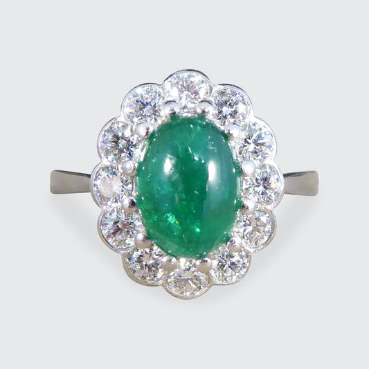 1.27ct Cabochon Emerald and 1.02ct Diamond Cluster Ring in Platinum