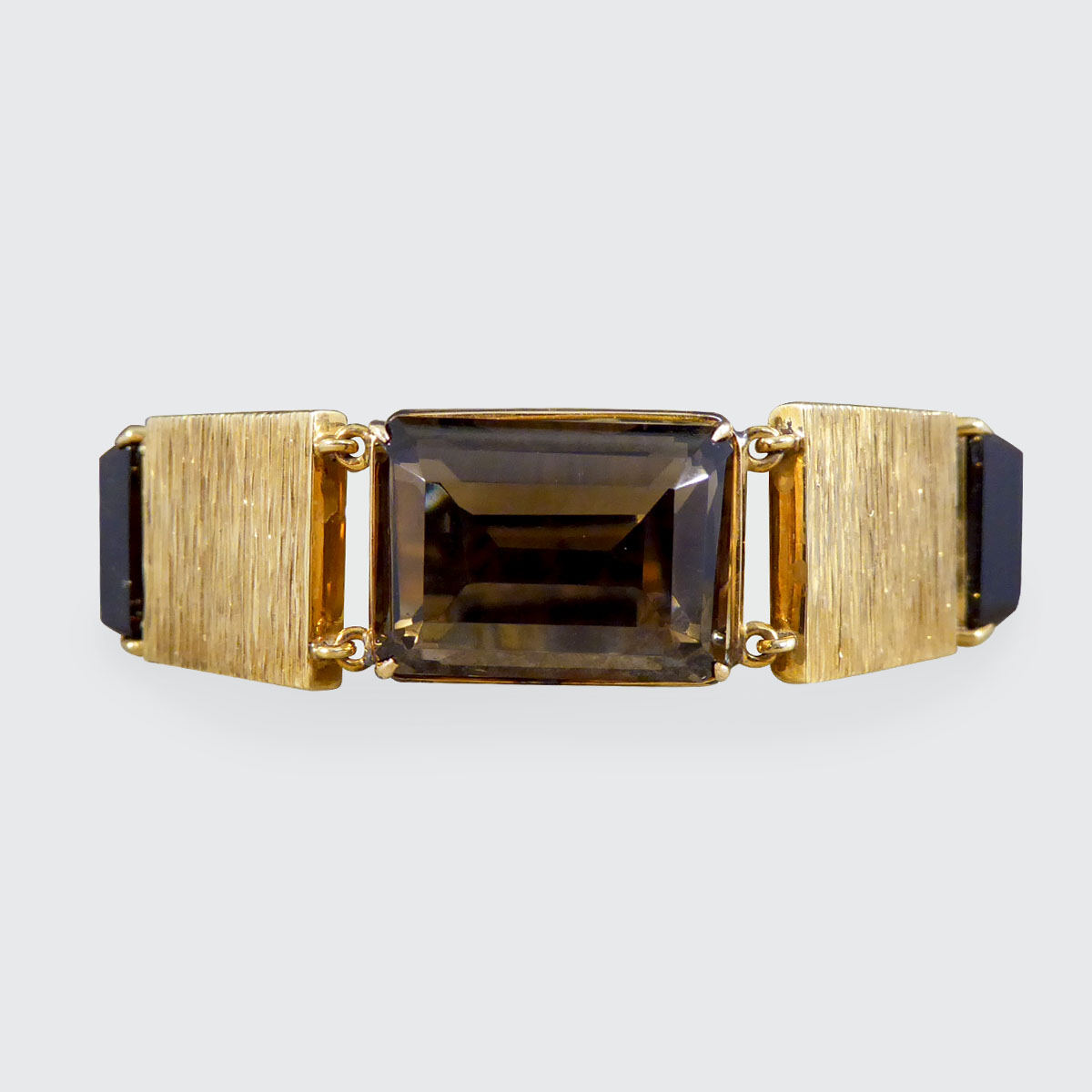 1970's Smokey Quartz Panel Bracelet in 9ct Yellow Gold with Bark Detail