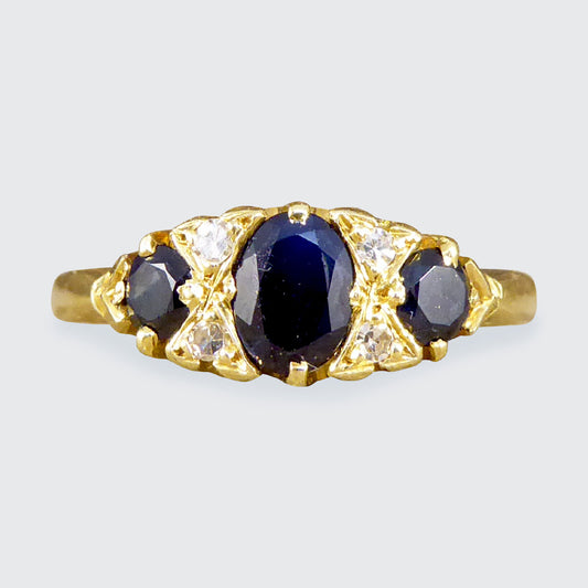 Antique Sapphire and Diamond Boat Ring in 18ct Yellow Gold