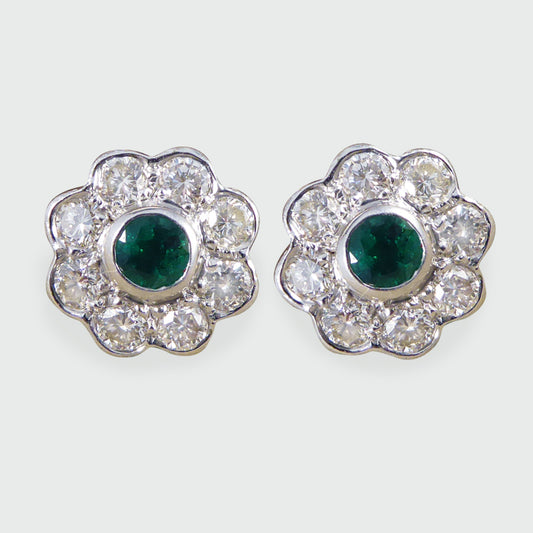 Contemporary Emerald and Diamond Cluster Earrings in 18ct White Gold