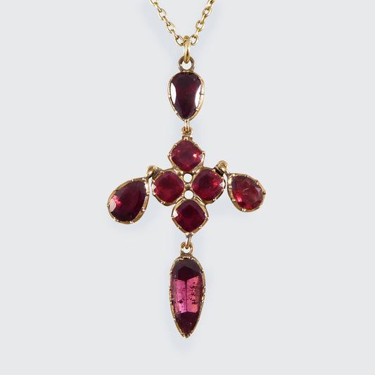 Antique Georgian Foiled Back Garnet Cross Drop Pendant Necklace in Yellow Gold