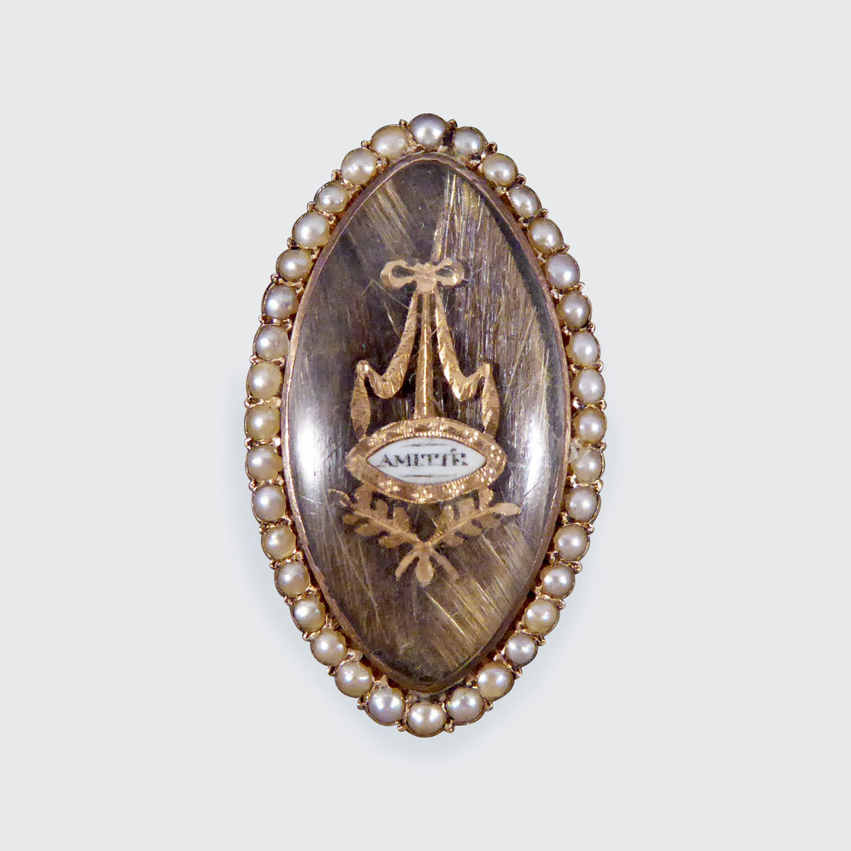 Antique Georgian Amitie Marquise Shaped Seed Pearl Memorial Ring with Platted Hair in Gold