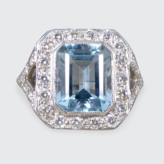 Art Deco Inspired 2.90ct Aquamarine and Diamond Cluster Ring with Diamond Shoulders in Platinum