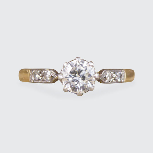 1920's Diamond Solitaire Ring with Diamond set Shoulders in 18ct Yellow Gold and Platinum