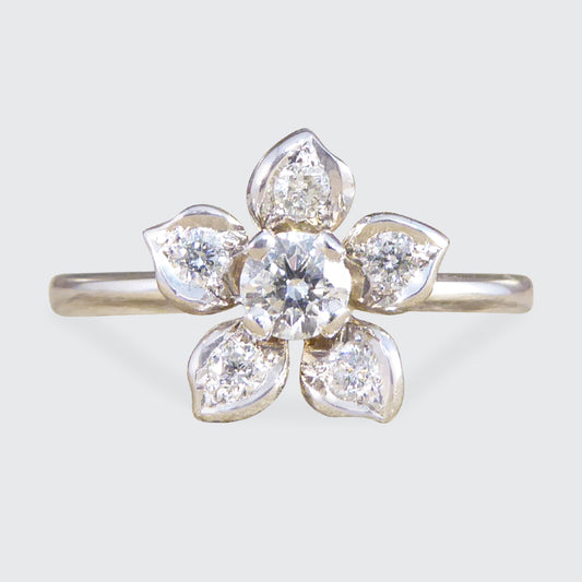 Modern Diamond Set Flower Ring in 18ct White Gold