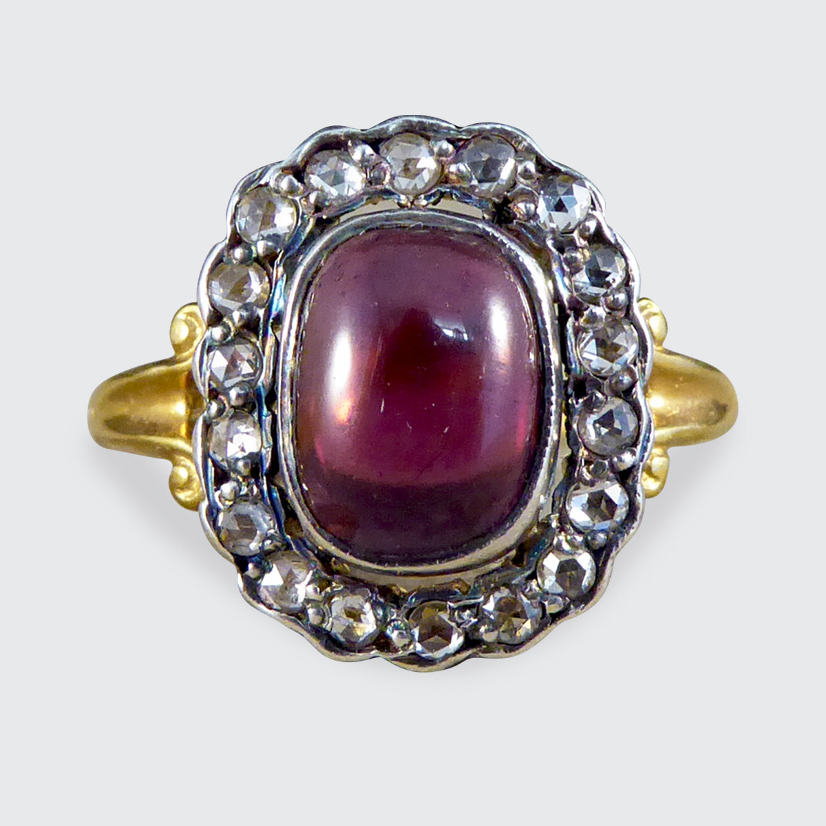 Antique Style Cabochon Garnet and Diamond Cluster Ring in 18ct Yellow Gold
