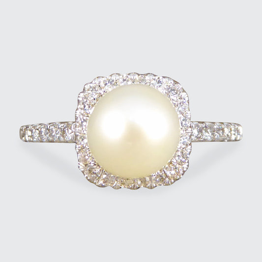 Fresh Water Culture Pearl and Diamond Square Halo Ring in White Gold