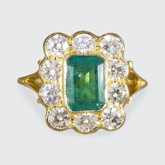 Contemporary Edwardian Style 0.90ct Emerald and 0.90ct Diamond Cluster Ring in 18ct Yellow Gold