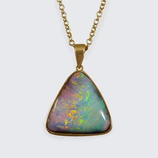 Black Opal Triangular Necklace set in 18ct Yellow Gold on Yellow Gold Trace Chain