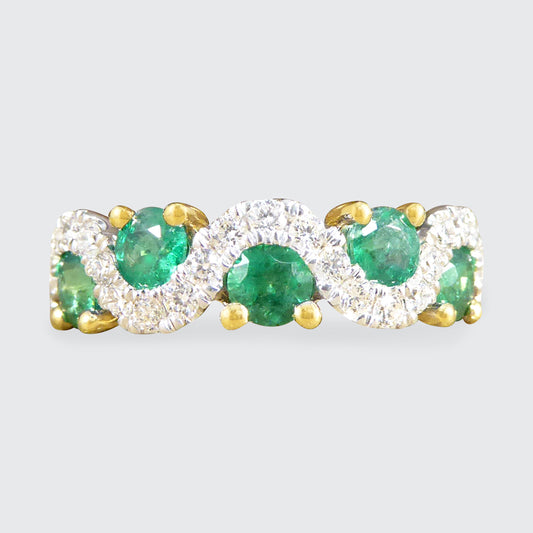 Emerald and Diamond Lazy River Band Ring in 18ct Yellow Gold