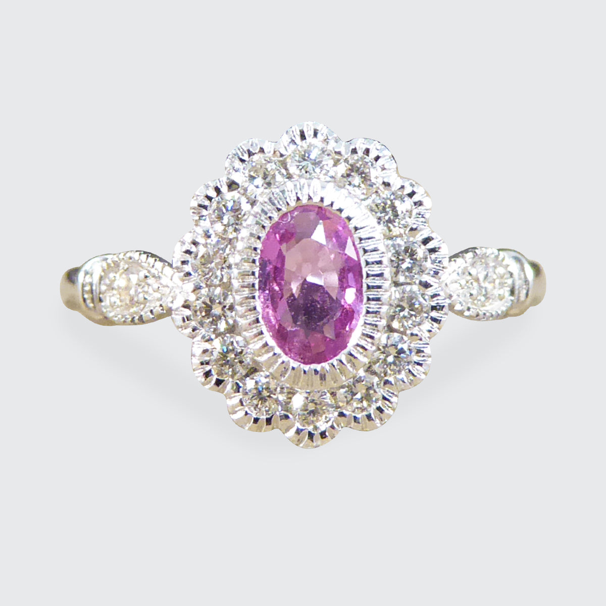 New Pink Sapphire and Diamond Cluster Ring Mounted in Platinum