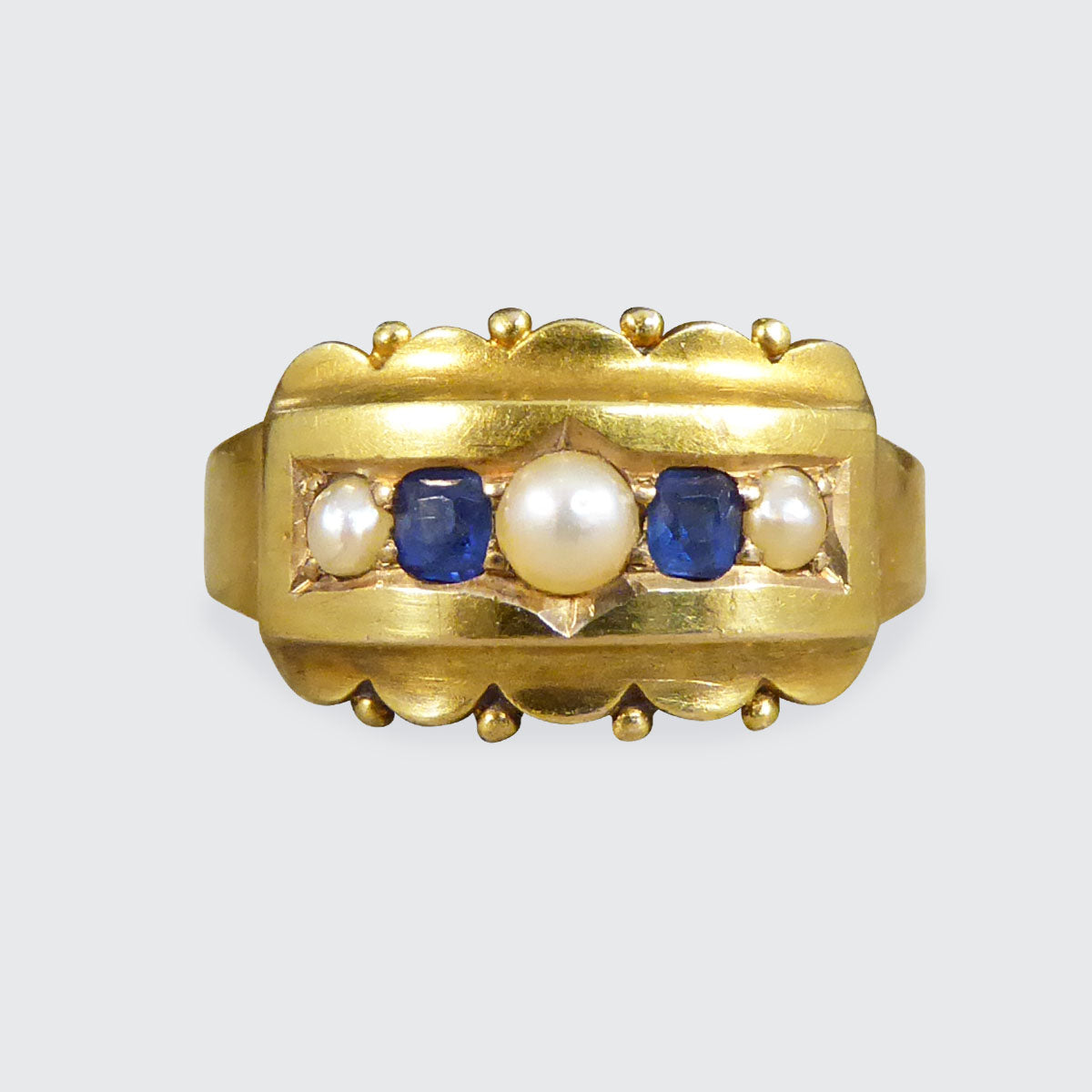 Antique Late Victorian Sapphire and Pearl Five Stone Ring in 15ct Yellow Gold