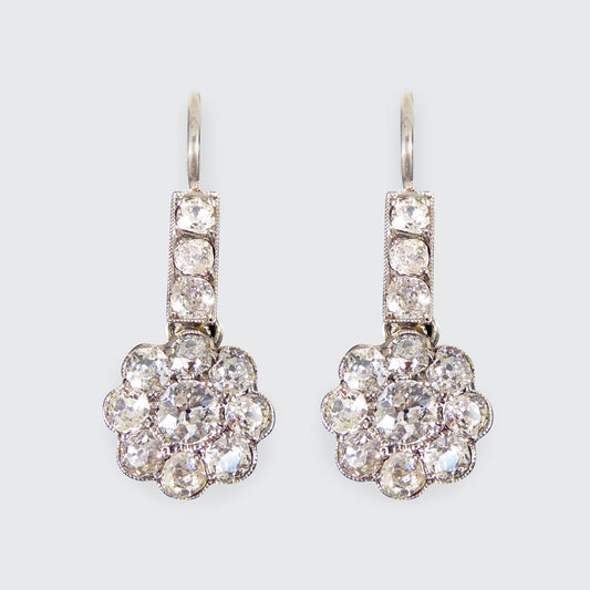 Antique Edwardian 2.62ct Diamond Daisy Cluster Drop Earrings in 18ct White Gold