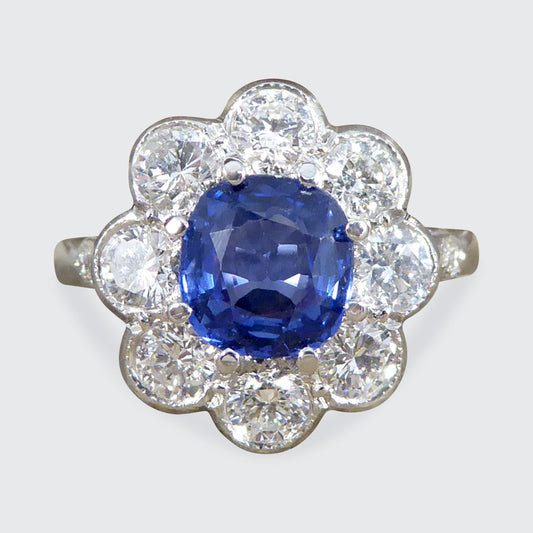 Contemporary Edwardian Style 1.50ct Sapphire and 1.10ct Diamond Cluster Ring in Platinum