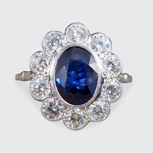 2.07ct Sapphire and 0.95ct Total Diamond Cluster Ring in Platinum