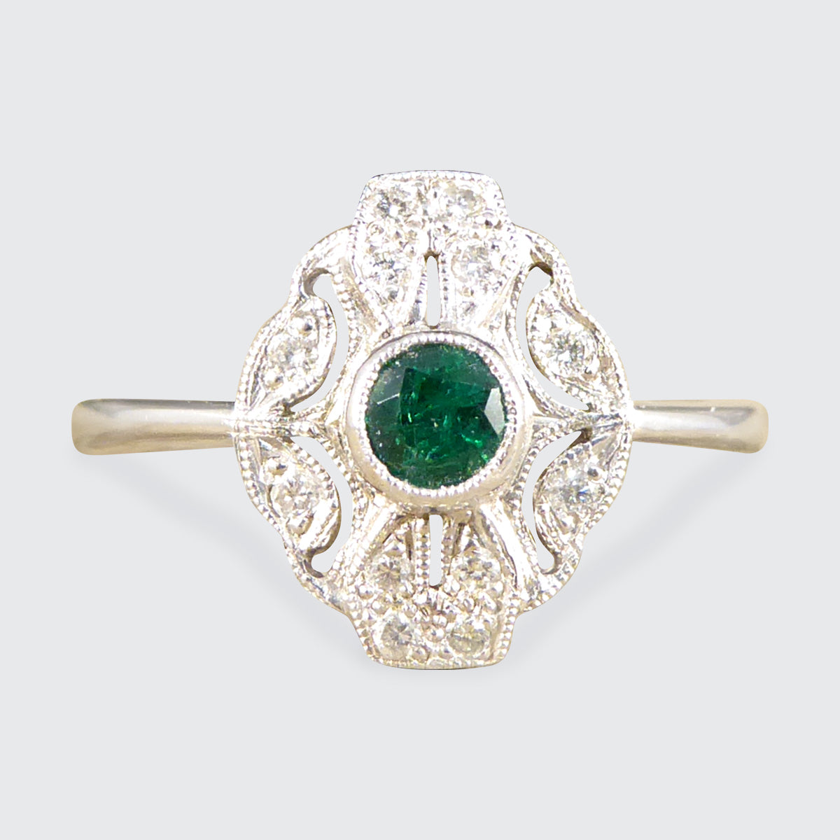 Premium Period Art Deco Replica Emerald and Diamond Plaque Ring in 18ct White Gold