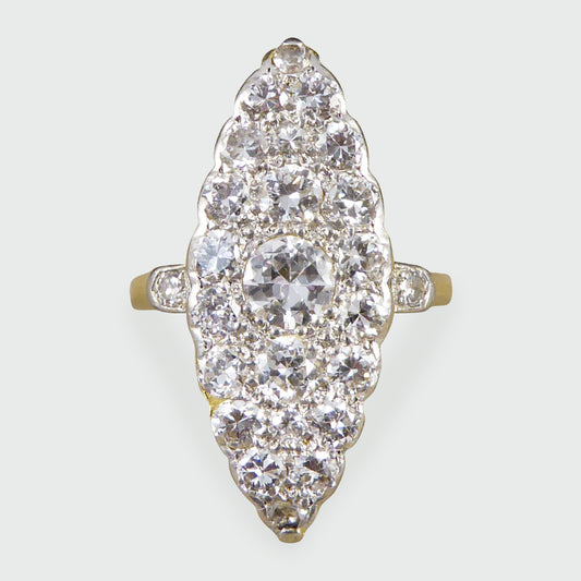 Edwardian 2.3ct Diamond Marquise Shaped Ring in 18ct Yellow Gold and Platinum